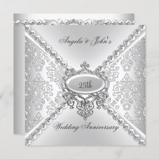 Elegant Silver 25th Wedding Anniversary Damask Invitation (Front/Back)