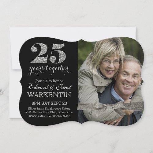 Elegant Silver 25th Wedding Anniversary with Photo 5x7 Paper Invitation Card