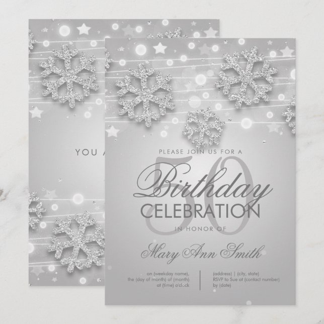 Elegant Silver 50th Birthday Party Winter Glitter Invitation (Front/Back)