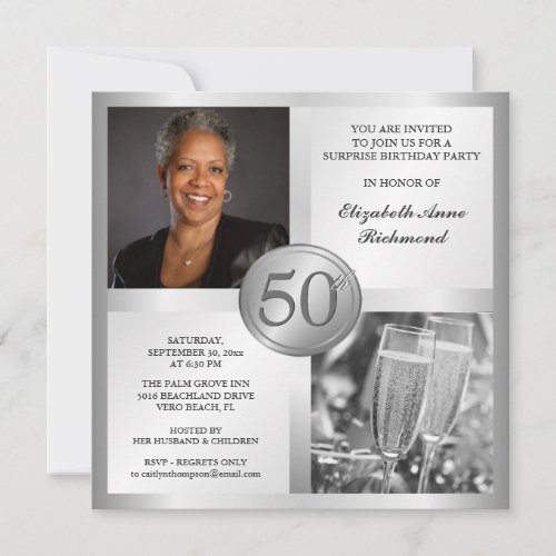 Elegant Silver 50th Birthday Photo Invitations