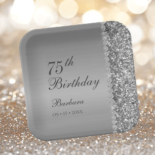 Elegant Silver 75th Birthday Paper Plates
