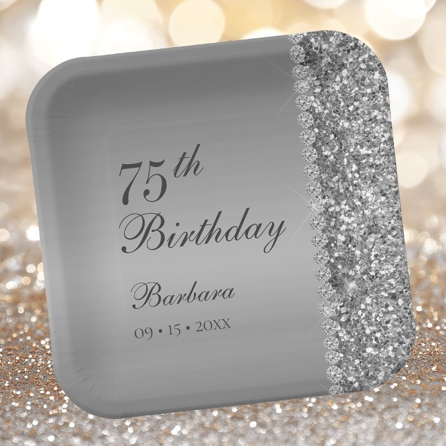 Elegant Silver 75th Birthday Paper Plates (Creator Uploaded)