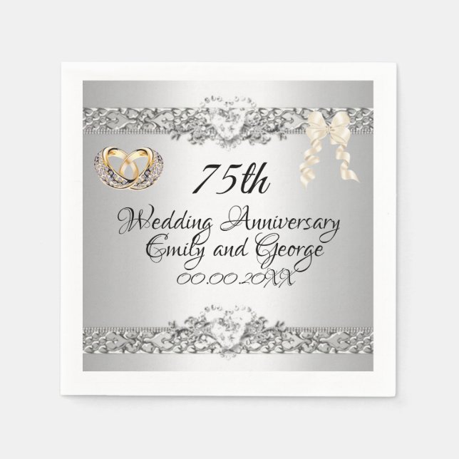 Elegant Silver 75th Wedding Anniversary Paper Napkins (Front)