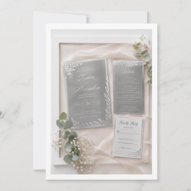 Elegant Silver Acrylic Wedding Invitation Suite   (Front)
