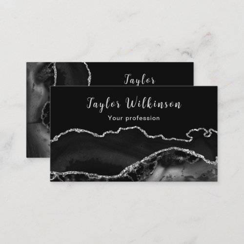 Elegant Silver and Black Agate Business Card