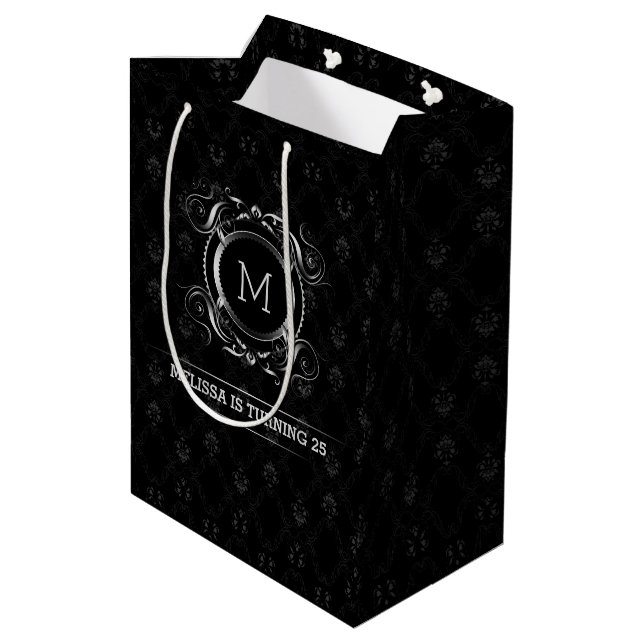 Elegant Silver And Black Damasks & Floral Frame Medium Gift Bag (Back Angled)