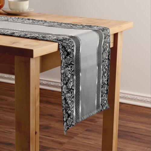 Elegant Silver And Black Damasks  Stripes Medium Table Runner