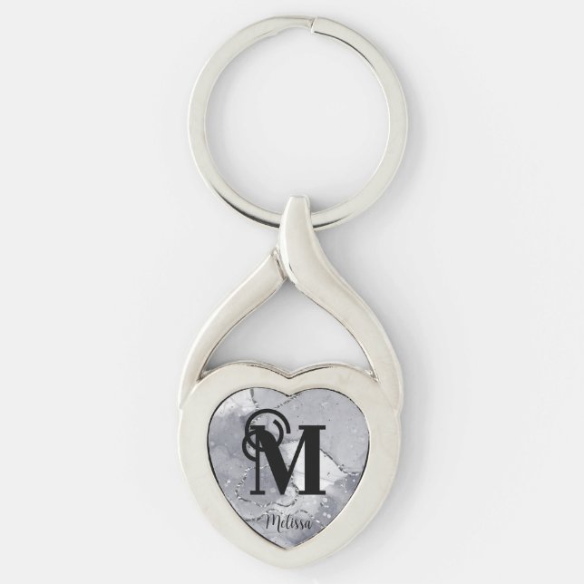 Elegant Silver and Black Monogram  Keychain (Front)