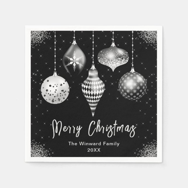 Elegant Silver and Black Ornament Christmas Napkins (Front)