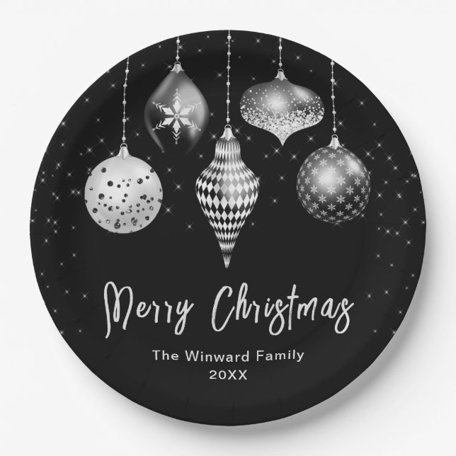 Elegant Silver and Black Ornament Christmas Paper Plates (Front)
