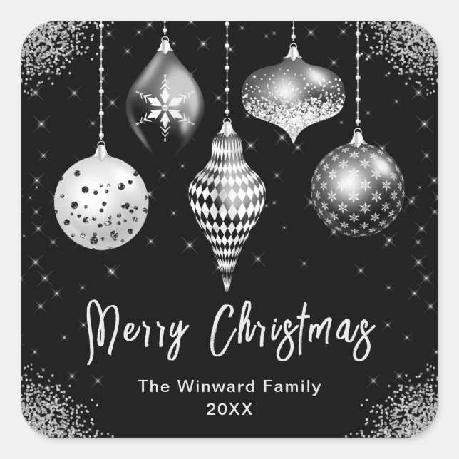 Elegant Silver and Black Ornament Christmas Square Sticker (Front)