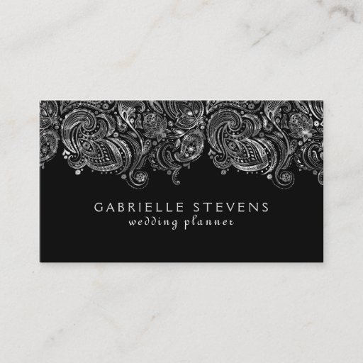 Customizable Elegant Silver And Black Paisley Wedding Planner Business Card