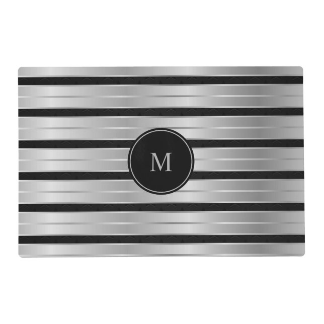 Elegant Silver And Black Stripes Monogram Placemat (Front)