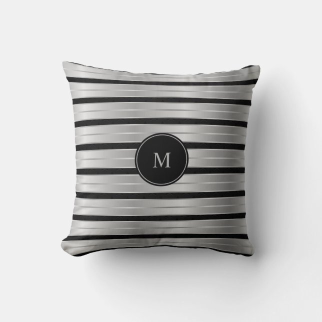 Elegant Silver And Black Stripes Monogram Throw Pillow (Front)