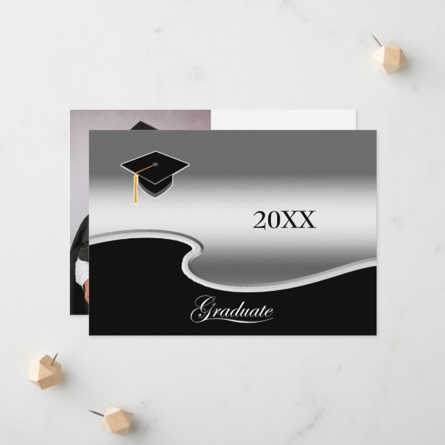 Elegant Silver and Black with Photo Graduation Announcement (Front/Back In Situ)