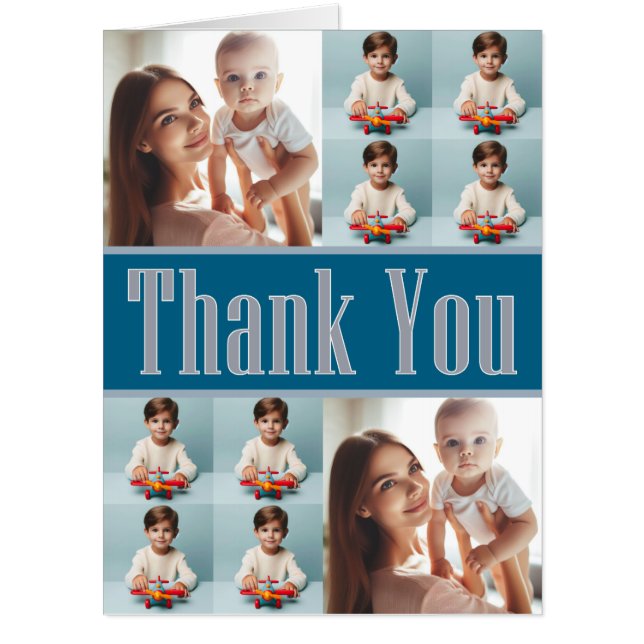 Elegant Silver and Blue 10-Photo Collage Thank You Card (Front)