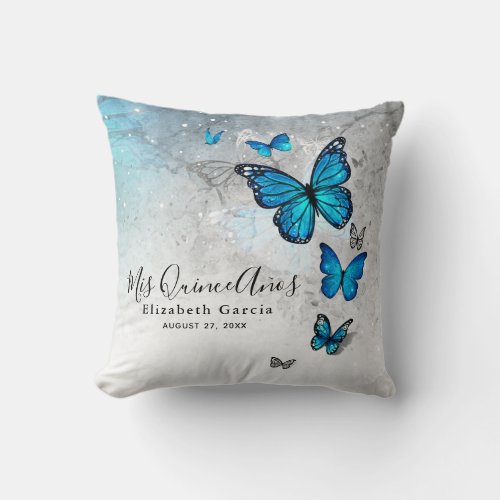 Elegant Silver and Blue Butterfly Mis Quince Anos Throw Pillow