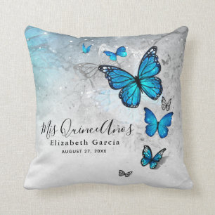 Elegant Silver and Blue Butterfly Mis Quince Anos Throw Pillow