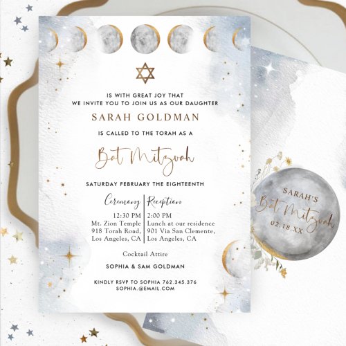 Elegant Silver and Blue Celestial Bat Mitzvah Invitation