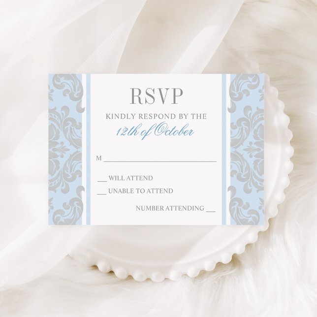 Elegant Silver and Blue Damask Baby Baptism RSVP Card (Creator Uploaded)