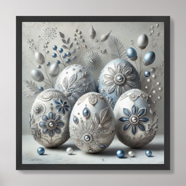 Elegant silver and blue Easter eggs engraved Framed Art (Framed Front)