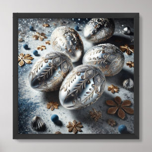 Elegant silver and blue Easter eggs engraved Framed Art