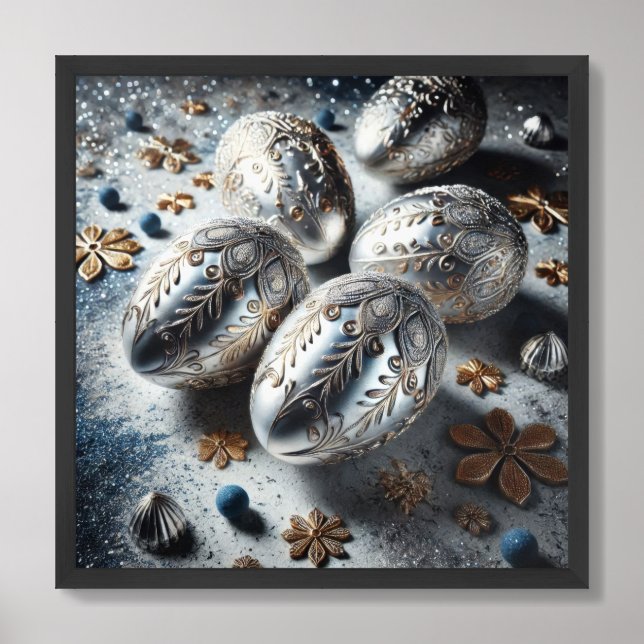Elegant silver and blue Easter eggs engraved Framed Art (Framed Front)