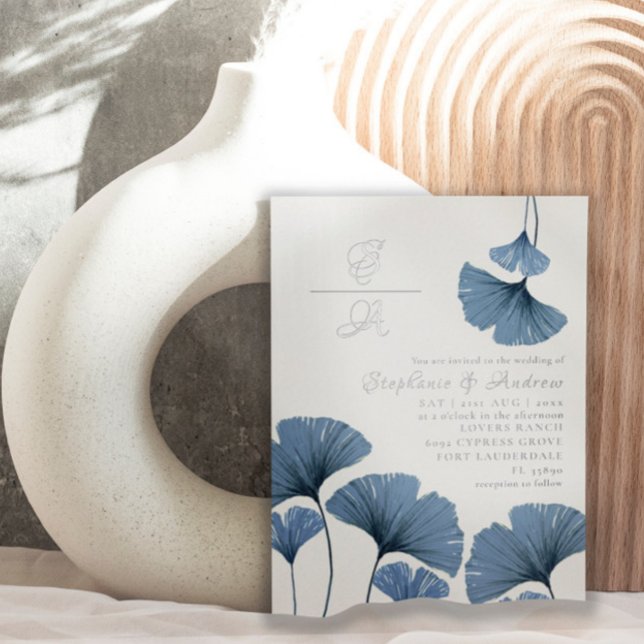 Elegant Silver and Blue Leaf Wedding Invitation  Foil Invitation (Creator Uploaded)
