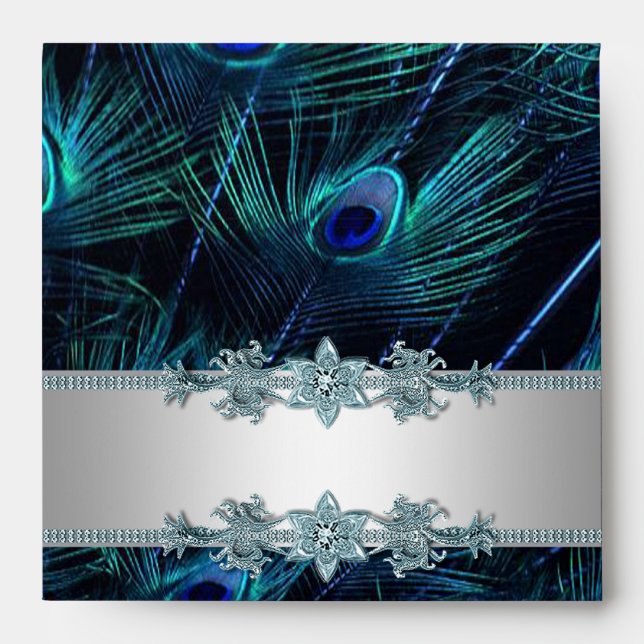 Elegant Silver and Blue Peacock Envelope (Front)