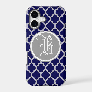 Elegant Silver and Blue Quatrefoil Monogram Custom iPhone 17 Case