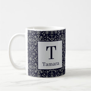 Elegant silver and blue snowflakes personalized coffee mug
