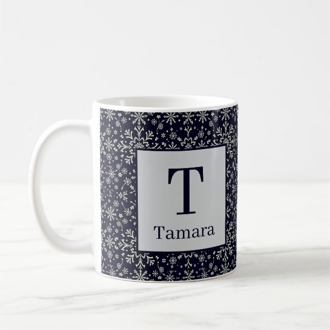 Elegant silver and blue snowflakes personalized coffee mug (Left)