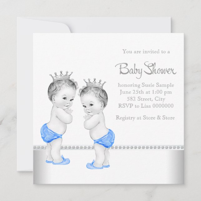 Elegant Silver and Blue Twin Boy Baby Shower Invitation (Front)
