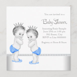 Elegant Silver and Blue Twin Boy Baby Shower Invitation