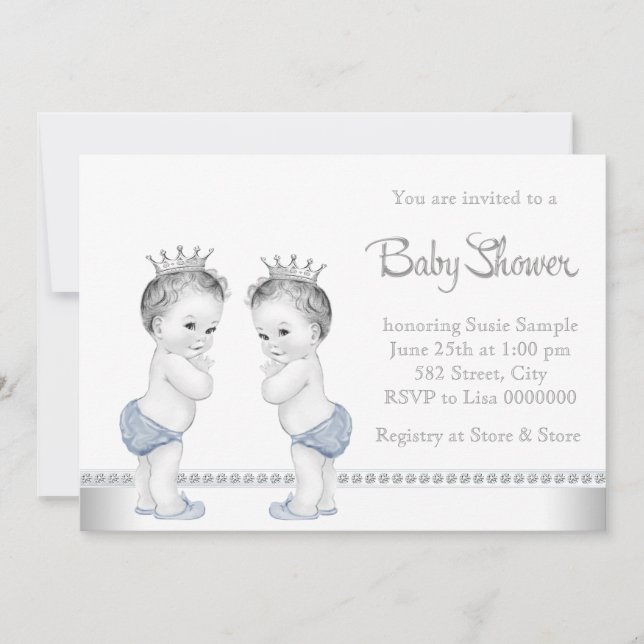 Elegant Silver and Blue Twin Boy Baby Shower Invitation (Front)
