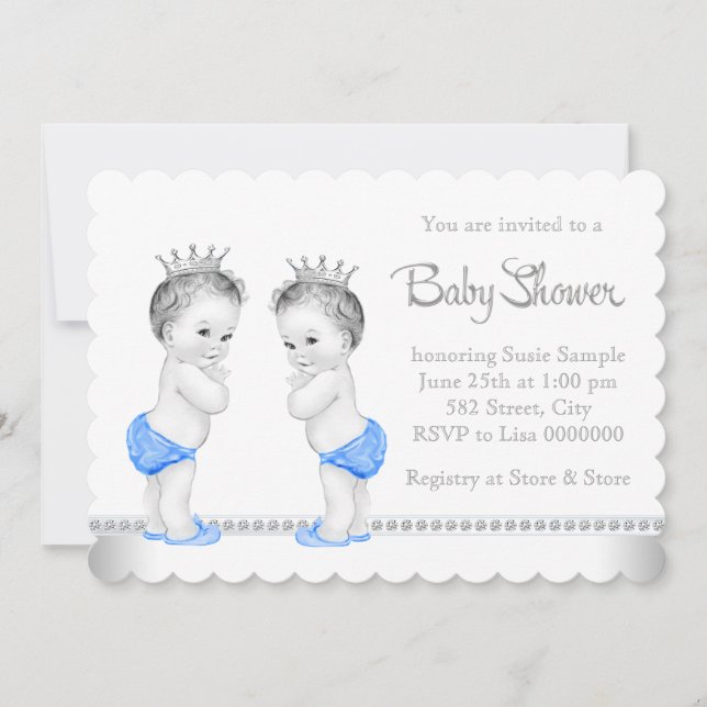 Elegant Silver and Blue Twin Boy Baby Shower Invitation (Front)