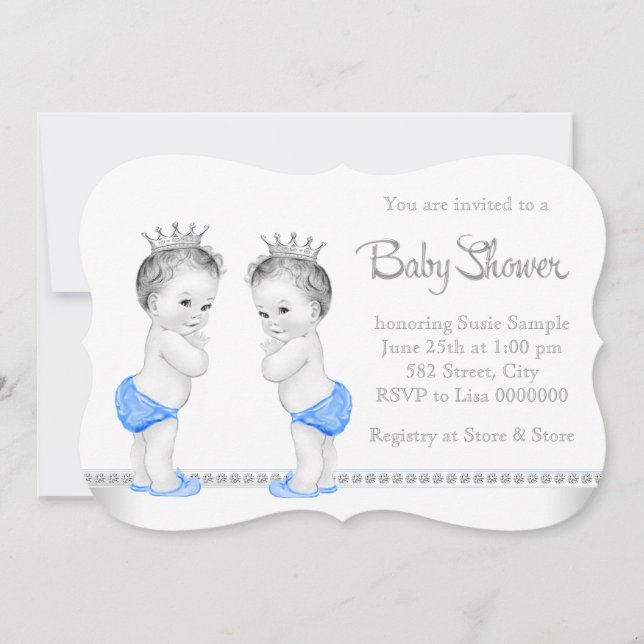 Elegant Silver and Blue Twin Boy Baby Shower Invitation (Front)
