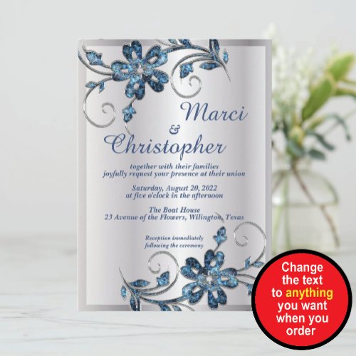 Elegant silver and blue wedding invitation