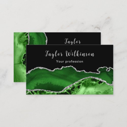 Elegant Silver and Dark Green Agate Business Card