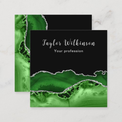 Elegant Silver and Dark Green Agate Square Business Card