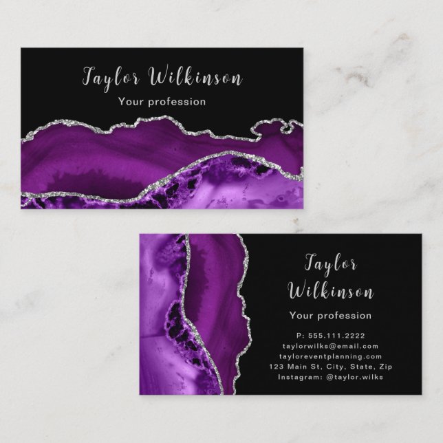 Elegant Silver and Dark Purple Agate Business Card (Front/Back)