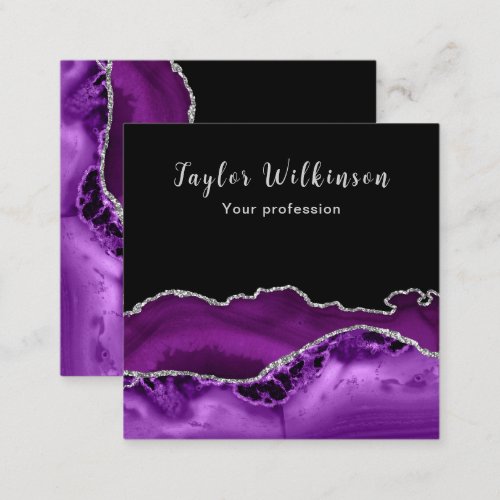 Elegant Silver and Dark Purple Agate Square Business Card