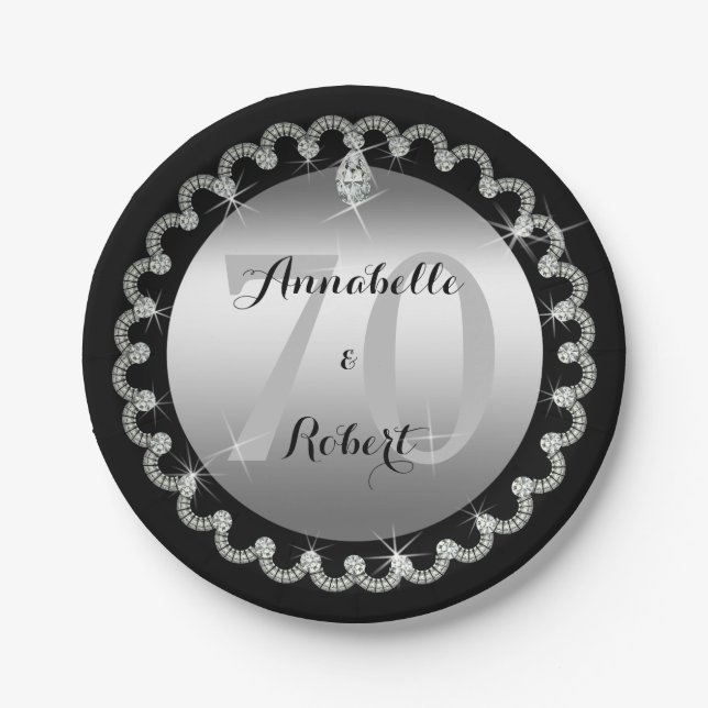 Elegant Silver and Diamonds 70th Anniversary Paper Plates (Front)