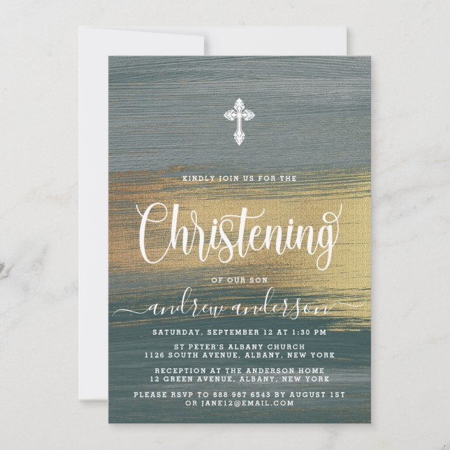 Elegant Silver And Gold Boy Christening Invitation (Front)