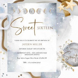 Elegant Silver and Gold Celestial Sweet Sixteen Invitation