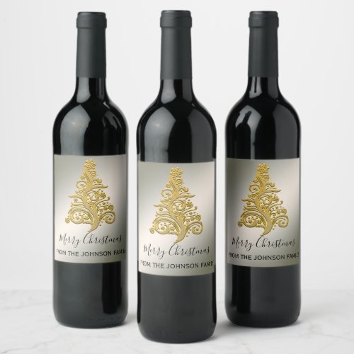 Elegant Silver and Gold Christmas Tree Wine Label