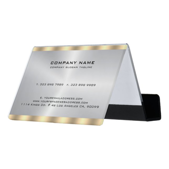 Elegant, silver and gold metallic texture desk business card holder (Angled Back)