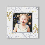 Elegant Silver and Gold Snowflakes Holiday Photo Canvas Print<br><div class="desc">Add some sparkle to your home this holiday season with this canvas that can be personalized with your own photo!  Elegant design features a pattern of silver and gold snowflakes border that has a textured glitter looking appearance with white background.</div>