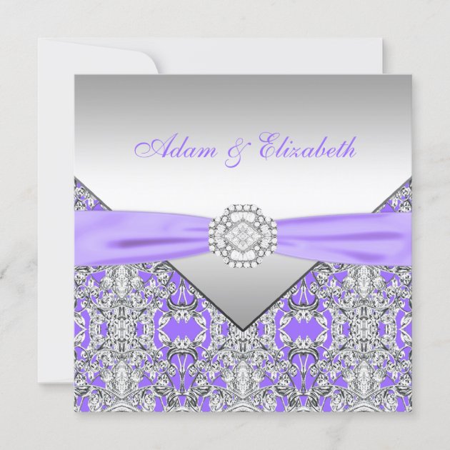 Personalized Wedding Invitations Cards Purple Rose Silver Hearts Floral Lace 