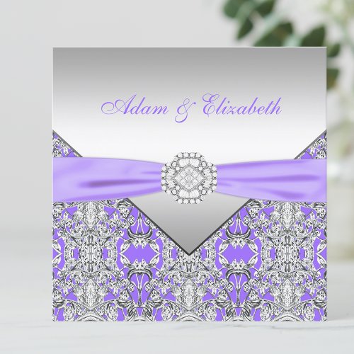 Elegant Silver and Lavender Purple Lace Wedding Invitation